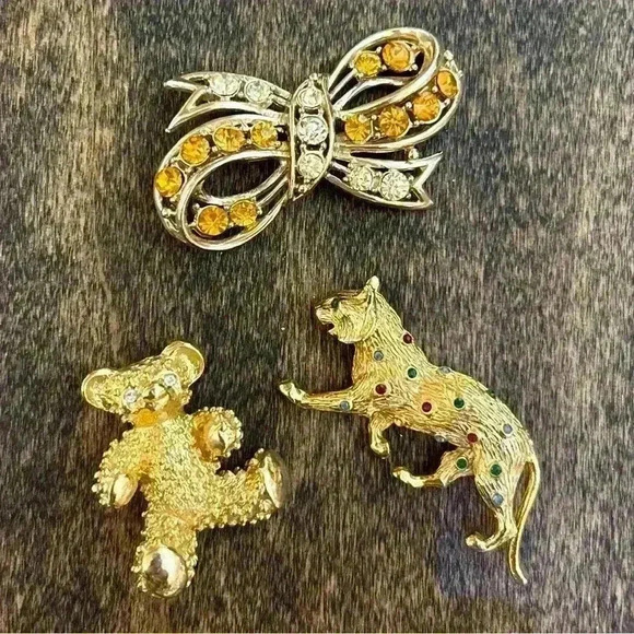 Gold Tone Brooch Set of 3 Teddy Bear, Jaguar and Citrine Bow - Picture 1 of 11